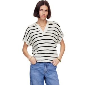 Madewell‎ Relaxed V-Neck Polo Shirt in Stripe Cotton Black White size L Relaxed